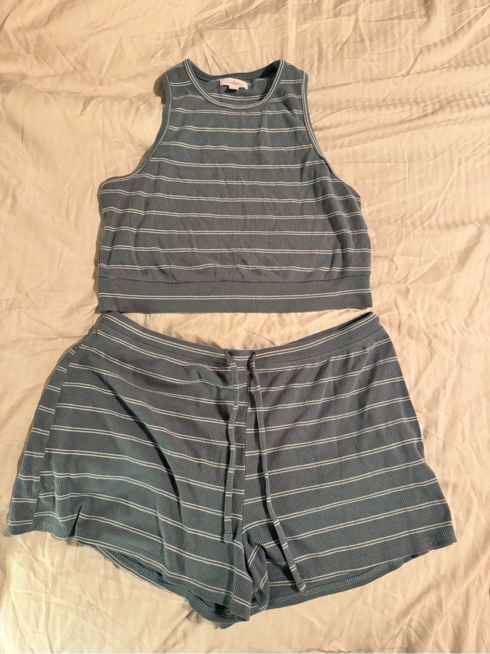 Striped Ribbed Tank and Short Set - Greenish/Blue Size XL